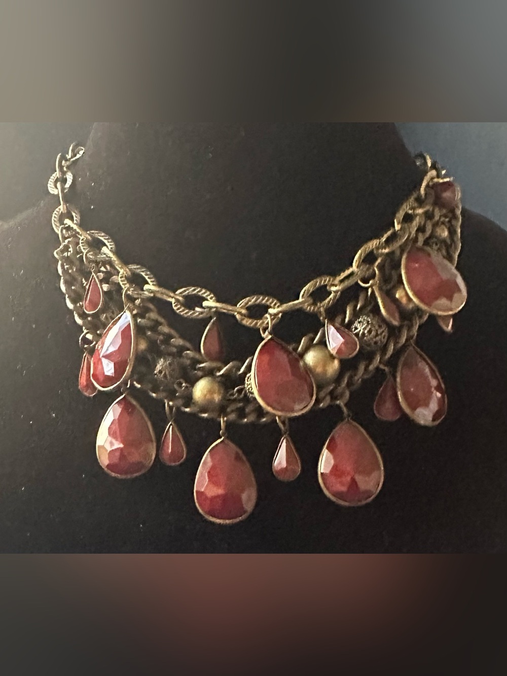 Gypsy Bib Burgundy Tear Drop Faceted Stone Brass Tome 3 Layer Statement Necklace